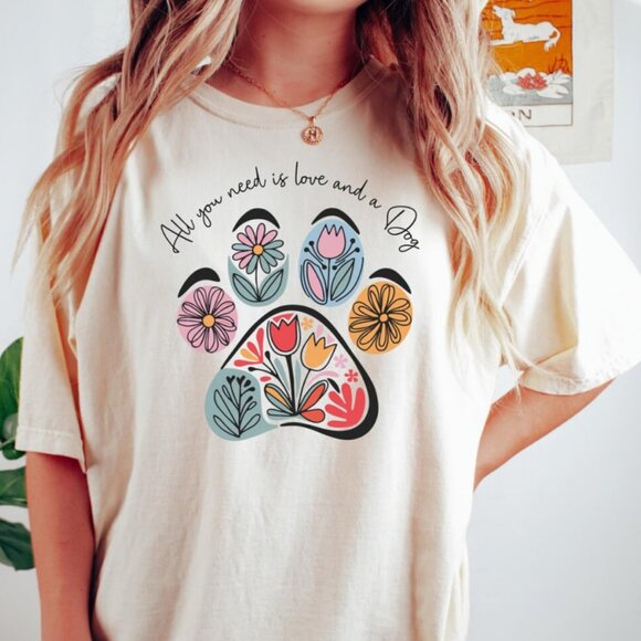 Tops - Dog Paw Shirt, Floral Dog Shirt, Gift For Dog Lover, Cute Dog Paw Tee